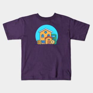 House, Calculator And Coin Cartoon Kids T-Shirt